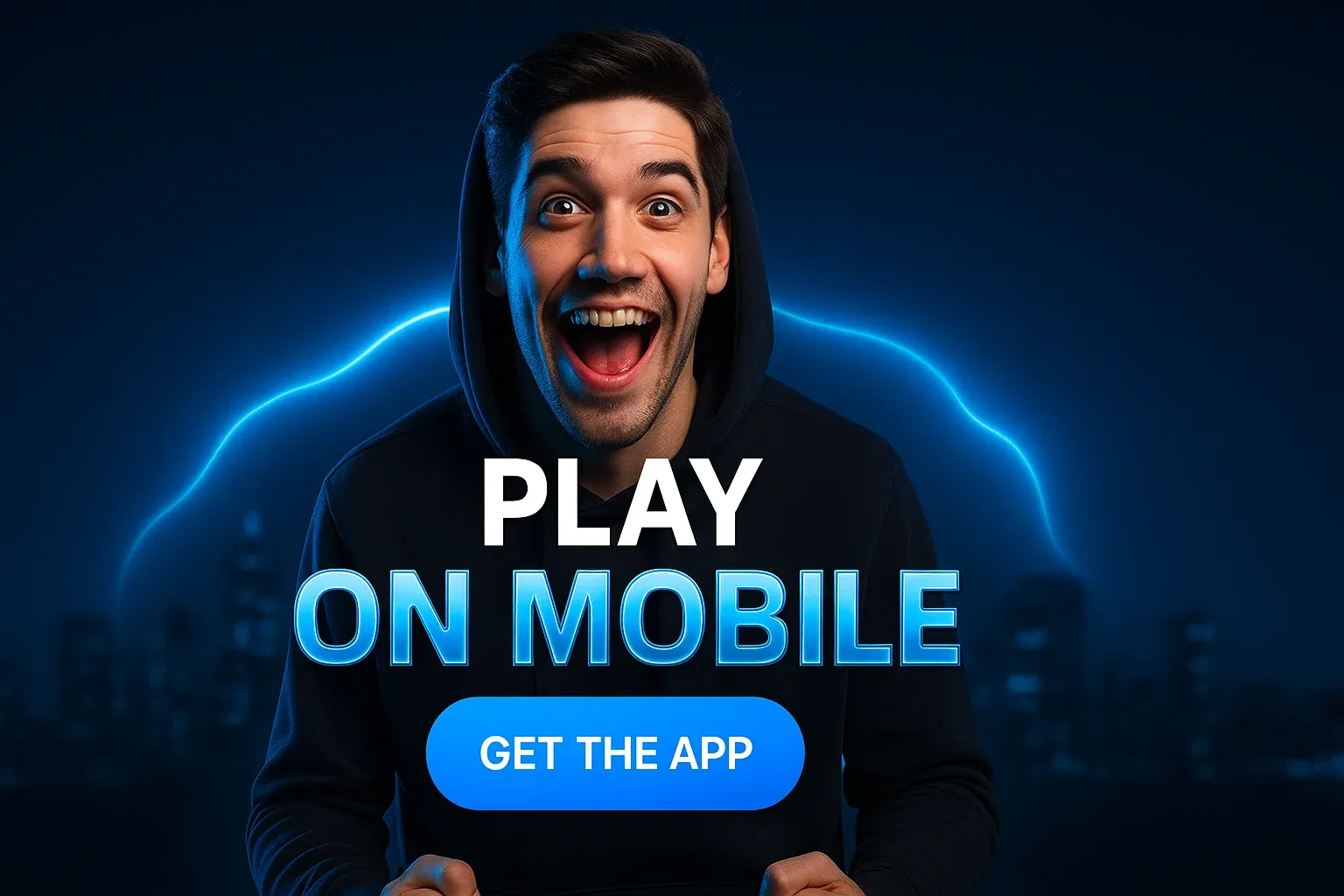 Photorealistic casino banner with British man, neon blue glow and mobile CTA