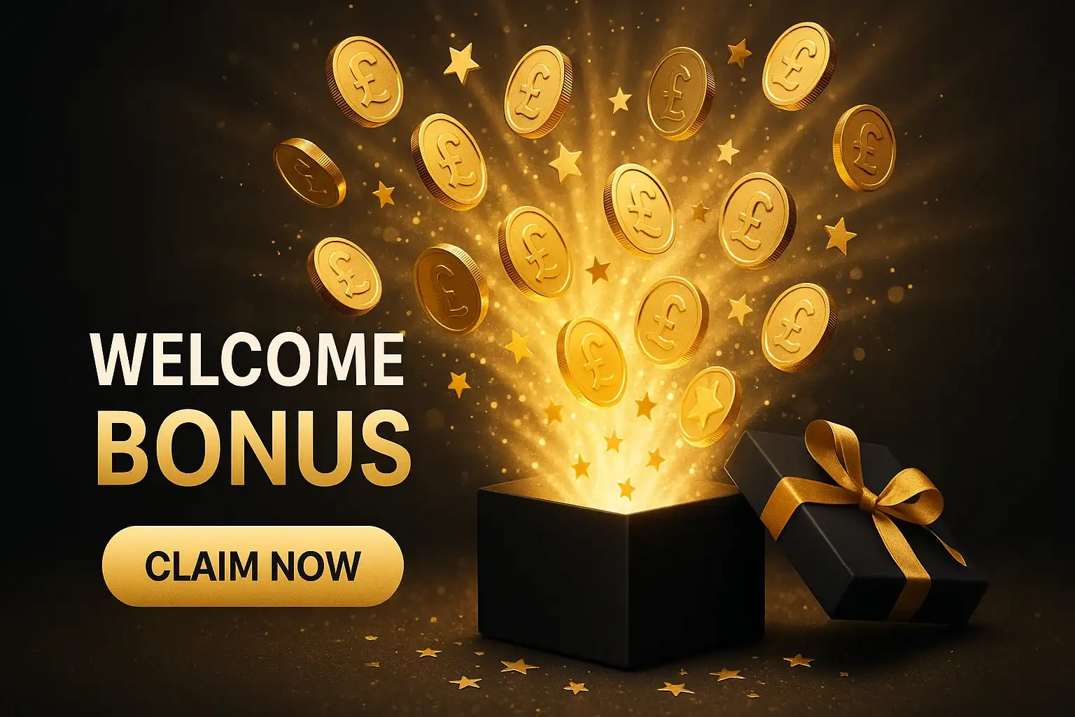 Photorealistic casino banner with luxury gift box, pound coins and welcome bonus text
