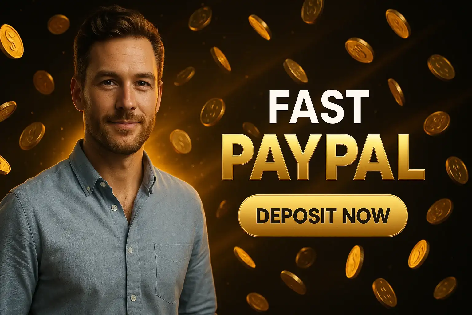 Photorealistic casino banner with British man, floating gold coins and CTA
