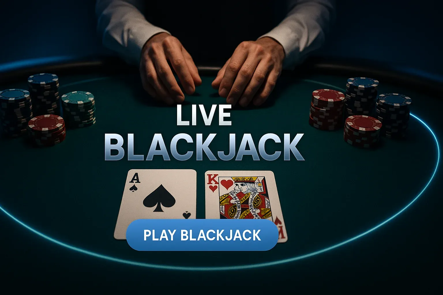 Photorealistic live blackjack table banner with cards, chips and dealer hands