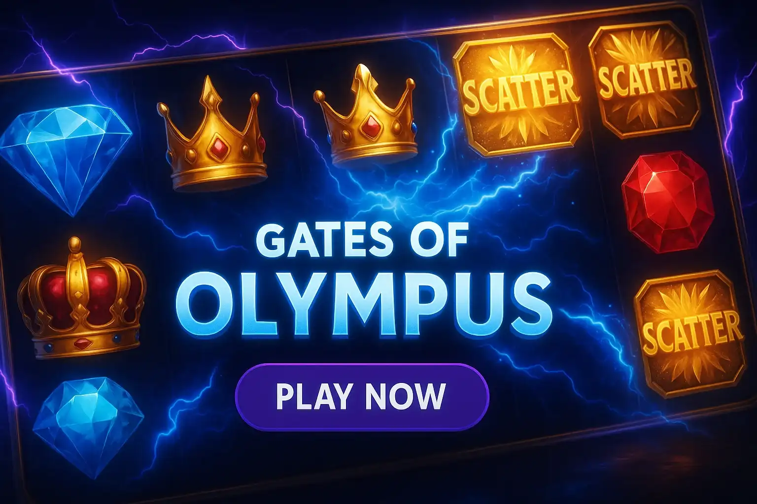 Photorealistic slot reels with purple lightning, glowing scatters and play now button
